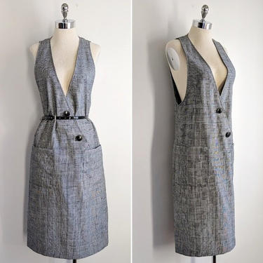 vintage 80's houndstooth plaid midi jumper dress in black/grey size M by BetaGoods