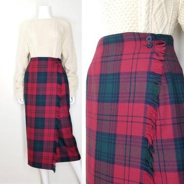 Vintage Plaid Wrap Skirt, Extra Small / Fringed Pencil Skirt / 1990s Green and Red Tartan Plaid Wool Skirt / Dark Academia School Girl Skirt 