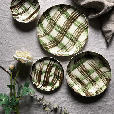 Vintage Green and Brown Plaid Place Setting, Tartan Green and Brown Place Setting The Original Plaid Underglaze, 1 plate, bowl, bread plate 