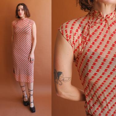 Vintage 50s Sheer Silk Cheongsam/ 1950s Tissue Silk Geometric Print Dress/ Size XS 