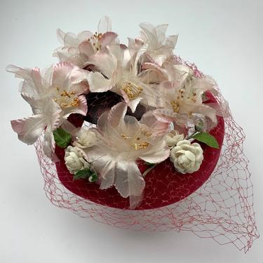 1960'S Pill Box Hat - Pink Velvet with White Delicate Silk Flowers - Lovely Details - Netted Veil 
