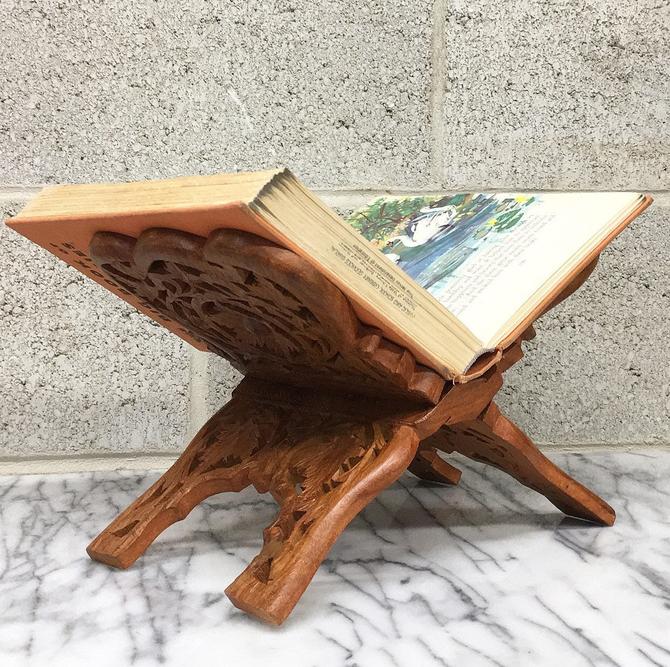 Collapsible Book Display Vintage Large Hand Carved Wood Floral Design Folding Book Stand Etched Mid Century Wooden Cookbook Holder
