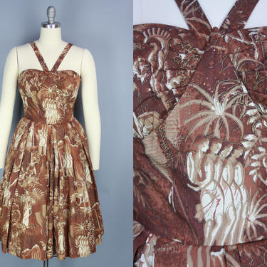 1950s ALFRED SHAHEEN Dress | Vintage 50s Hawaiian Dress with Figural Print &amp; Amazing Neckline | xs / s 