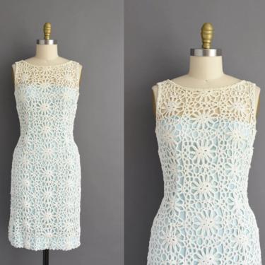 1950s vintage dress | Seaform Blue Crochet Ivory Cocktail Party Wiggle Dress | Medium | 50s dress 