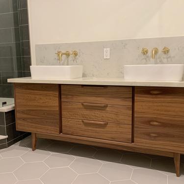 FREE SHIPPING ~ Hand Built Mid Century Style 6' Bathroom Vanity Cabinet in Walnut -  3 Drawer with 2 Doors, Straight Leg 