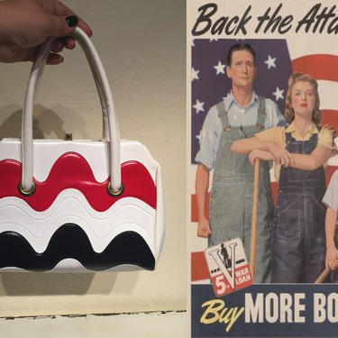 Back the Attack - Vintage 1950s 1960s Patriotic Red White &amp; Blue Soft Vinyl Wavy Handbag Purse 