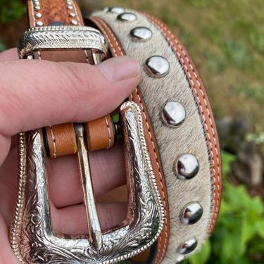 Western woven leather belt~ornate silver buckle southwestern /pony hair with silver studs~ slim Women’s belt~ unisex size Sm 30” + 