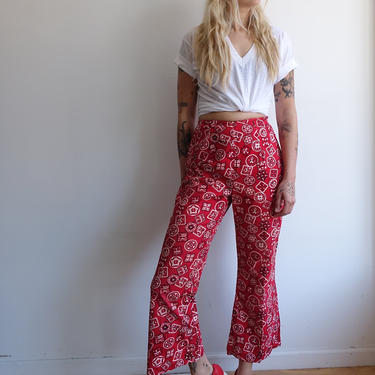 Vintage 70s Bandana Printed Cotton Bell Bottom Pants/ 1970s High Waisted Cropped Western Trousers/Size 26 