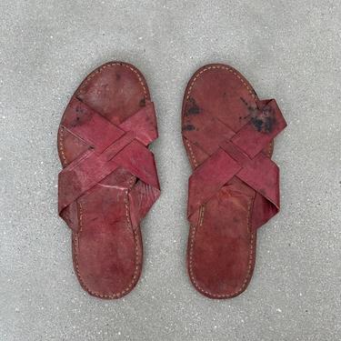 Vintage Antique Prayer Slippers | Handmade Brown Leather Slides Sandals | 