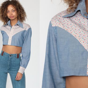 Western Shirt 70s Chambray Blouse Crop Top Cowboy Floral Pearl Snap Button Up Top 1970s Vintage Hipster Long Sleeve Blue Small Medium 