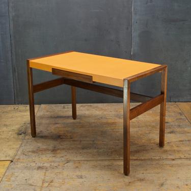 Walnut Orange Leather clad Writing Desk Atomic Ranch Vintage Mid-Century Modern Cabinmodern Rustic 
