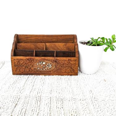 Vintage Teak Wood Desk Organizer With Beautiful Carved Details and Brass Leaf Inlay 