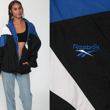 Reebok Jacket 90s Black Streetwear Windbreaker Jacket Blue Track Jacket Sports Vintage 80s Striped White Tracksuit Extra Large XL 