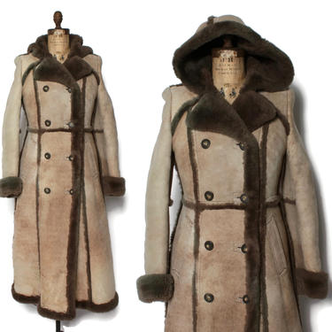 Vintage 70s SHEEPSKIN Shearling Coat / 1970s Ultra Warm Boho Fur Winter Suede Leather Jacket with Hood by luckyvintageseattle