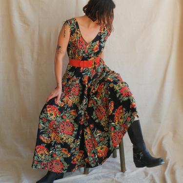 Vintage 80s Norma Kamali Floral Cotton Dress/ 1980s Black Sleeveless Dress/ Full Skirt/ Size Medium 