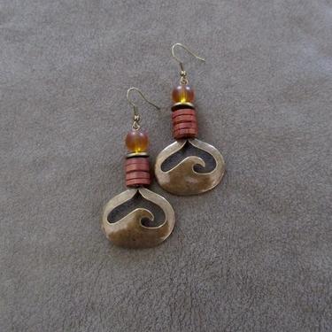Etched bronze earrings, geometric earrings, unique mid century modern earrings, ethnic earrings, bohemian earrings, statement orange 2 