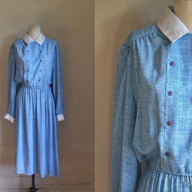 Vintage 1980s Blue &amp; White Grid Pattern Dress / M/L 