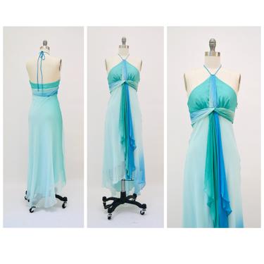 Vintage 00s Y2K Silk Chiffon Dress By BCBG Blue green Halter neck Summer dress Silk size XS small 90s 00s Y2k Silk Tank Halter neck Dress 