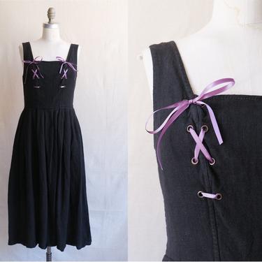 Vintage 90s Black Linen Corset Dress/ 1990s Goth Dirndl Lace Up Sleeveless Dress/ Size Medium 