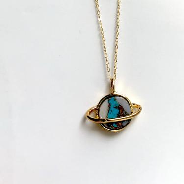 Gold and Turquoise/Opal/Copper Saturn Pendant Handmade Space Astronomy Planetary Solar System necklace 