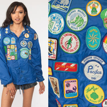 80s Girl Scouts Patch Jacket -- Blue Snap Up Jacket 80s Jacket Vintage Retro 1980s Girl Guides Medium 