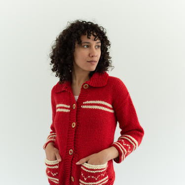 Vintage Red White Cardigan Sweater | HandKnit Wool Jumper | XS S | 