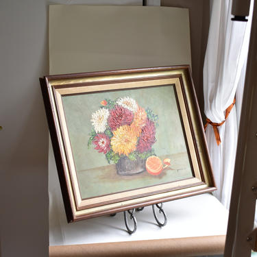 Framed 18&amp;quot; Vintage Oil Painting | Floral Still Life Mums &amp; Half-peeled Orange | Gancie '75 (Likely Ruth Gancie; Studio 10 Maryland) | Orange 