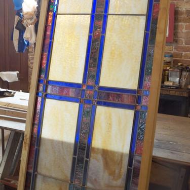 Half Arched Blue and Amber Stained Glass Panel