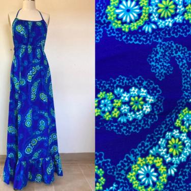 1960s Cobalt blue paisley floral maxi dress 
