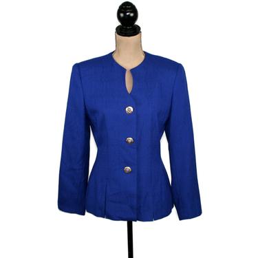 90s Royal Blue Blazer Medium, Tailored Collarless Jacket, Classy Office Wear, 1990s Clothes for Women, Vintage Clothing from Kasper Size 8 