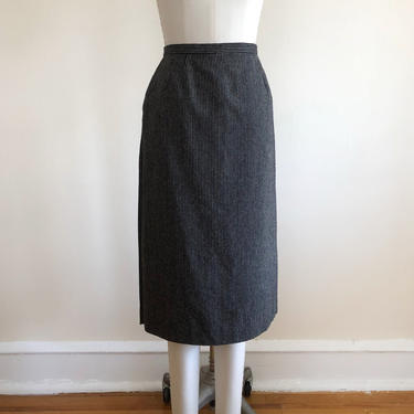Black and Gray Pin-Striped Wool Midi Skirt - 1980s 