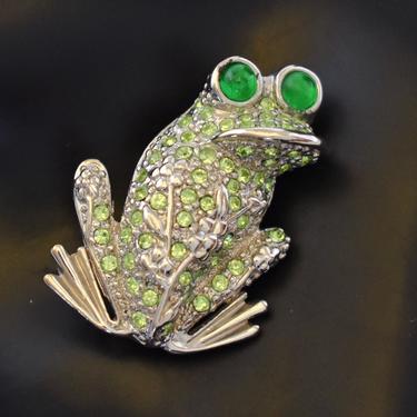 60's Atomic silver plated metal green rhinestone frog & flowers pin, wide mouthed bug-eyed mid-century frog bling brooch 
