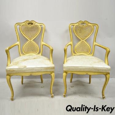 Vintage Italian Provincial French Louis XV Yellow Cane Back Dining Arm Chairs