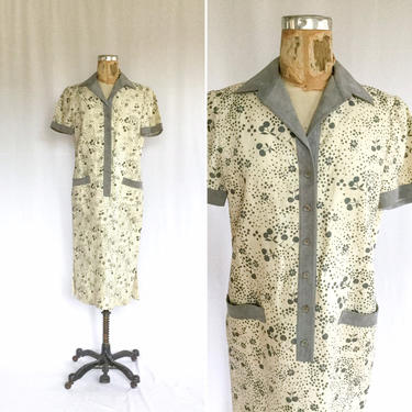 Vintage 70s shirt dress | Vintage cream grey cherry print shift dress | 1970s Jo Robinson ultra suede novelty print shirt dress 
