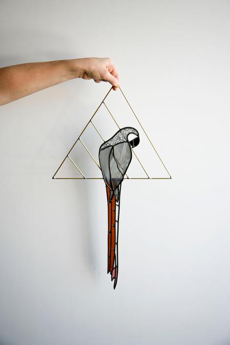 Stained Glass Parrot with Brass Detail - Pastel, Neutral or Custom - Modern Bird Wall Hanging Decor 