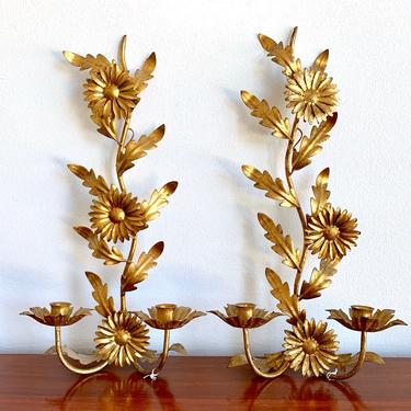 Pair of Gold Gilt Floral Candle Sconces - Ornate Gold Metal Wall Hanging Candle Holders - Gold Gilted Metal Wall Hanging Candle Sconces 
