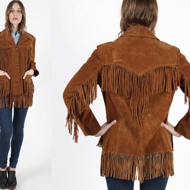 Brown Suede Fringe Jacket Womens Western Cowboy Jacket Leather Biker Jacket Vintage 70s Boho Festival Chestnut Color Button Up Womens Coat 