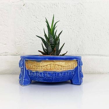 Vintage Blue Tan Greek Style Planter Art Nouveau Round Pedestal Ceramic Pottery Bowl Pot Mid-Century Boho Bohemian MCM Royal Brown 
