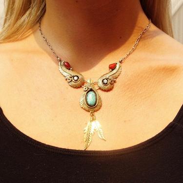Vintage Native American Two-Tone Turquoise Coral and CZ Diamond Pendant Necklace, Faux Turquoise, Gold &amp; Silver, Feather Tassels, Adjustable 