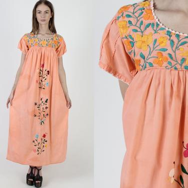 Heavily Embroidered Mexican Maxi Dress / Marbled Tie Dye Orange Cotton Dress / Traditional Mexico Puebla Style / Dia De Los Muertos 