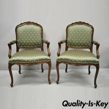 Pair of Ethan Allen French Louis XV Style Green Upholstered Arm Chairs