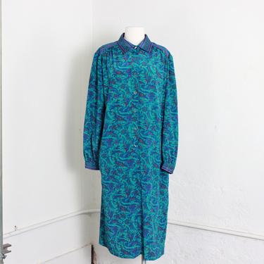 80s Blue Paisley Dress / Puff Sleeve Silky Dress / Medium 