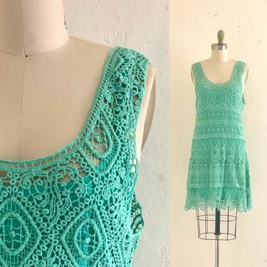 vintage 90's macramé green dress // crochet dress 