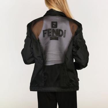 Vintage FENDI Monogram Sheer Mesh Back Black Nylon Jacket with Collar Overcoat Zucca Fendi Jeans FF Print sz S M L 90s 