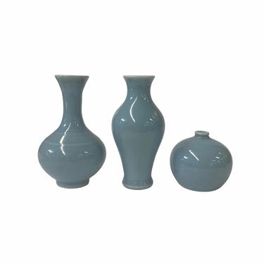 3 x Chinese Clay Ceramic Pastel Blue Color Wu Small Vase Set ws1531E 