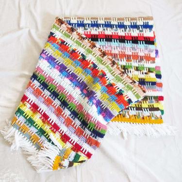 Vintage 70s Granny Stripe Houndstooth Crochet Throw - 1970s Rainbow Multicolor Crochet Fringe Afghan Throw  - Boho Blanket 