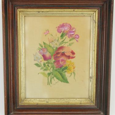 Vintage Framed Fabric Painting of Purple Flowers, Signed E. MacNutt - 11.5 x 14&amp;quot; 