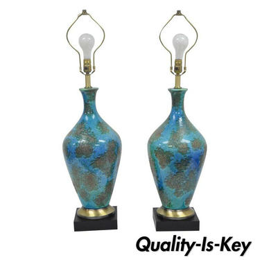Pair of Mid Century Italian Modern Blue Glazed Ceramic Pottery Table Lamps