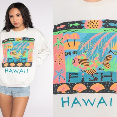 Hawaii Fish Sweatshirt Neon Hawaiian Sweatshirt 80s Sweatshirt Graphic Print Slouch Pullover 90s Shirt Vintage White Large L 