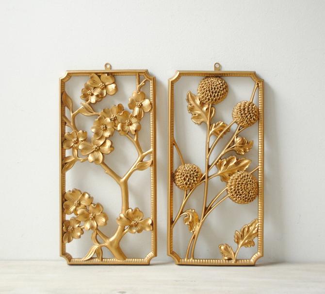 Vintage Gold Flower Wall Hanging Syroco Wood Hangings Asian Art From Little Dog Of Boston Ma Attic - Syroco Wood Wall Decor